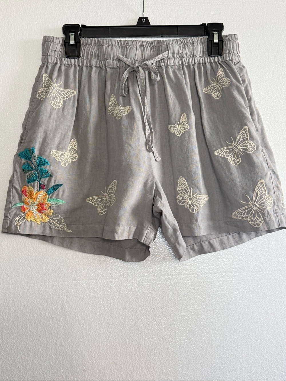 Johnny Was Los Angeles Lorne Linen Shorts Embroidered Butterfly Gray Size Small